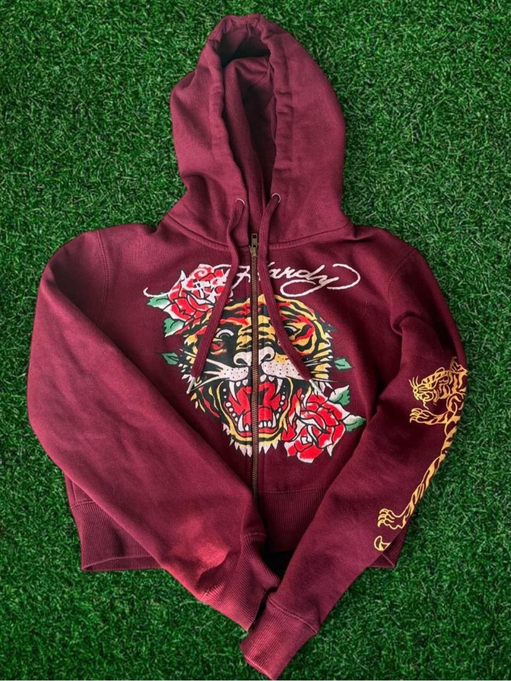 Ed Hardy Wine Cropped Sweatshirt with Tattoo Sleeve Art